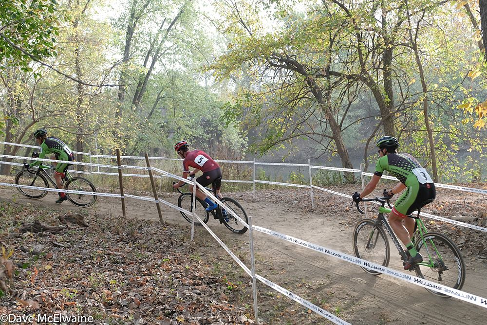 Stephen Hyde (Cannondale) leading Tobin Ortenblad and Curtis White along the river mid-race