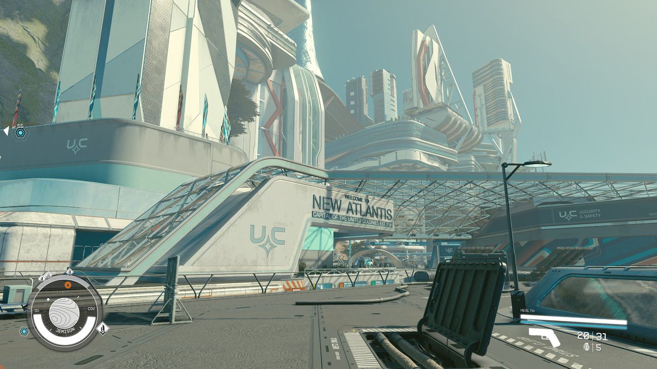 A shot of Starfield's New Atlantis docking area.