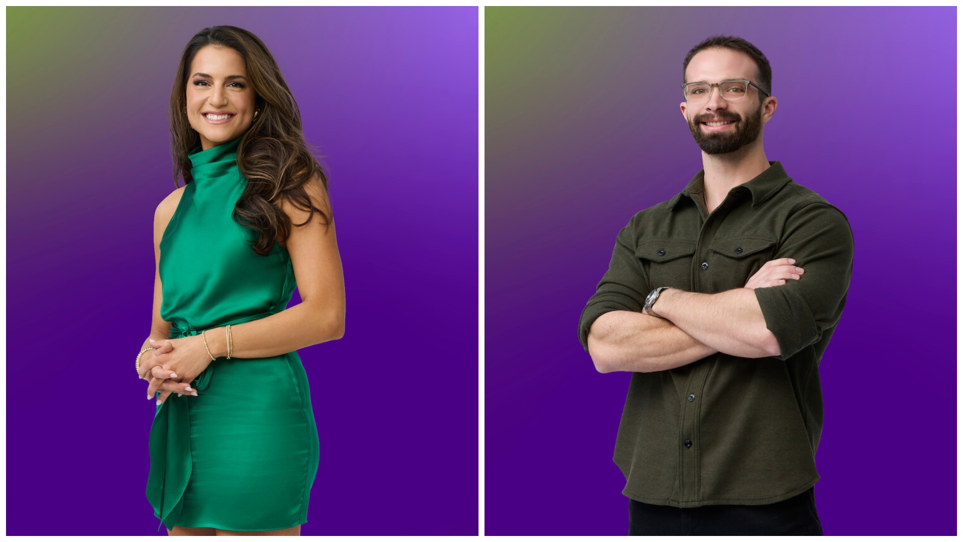 a split image of sarah williams wearing a green cocktail dress and john shannon in a green polo folding his arms in a promo shot for love is blind season 11
