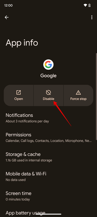 Screenshots showing how to disable the Google app on Android