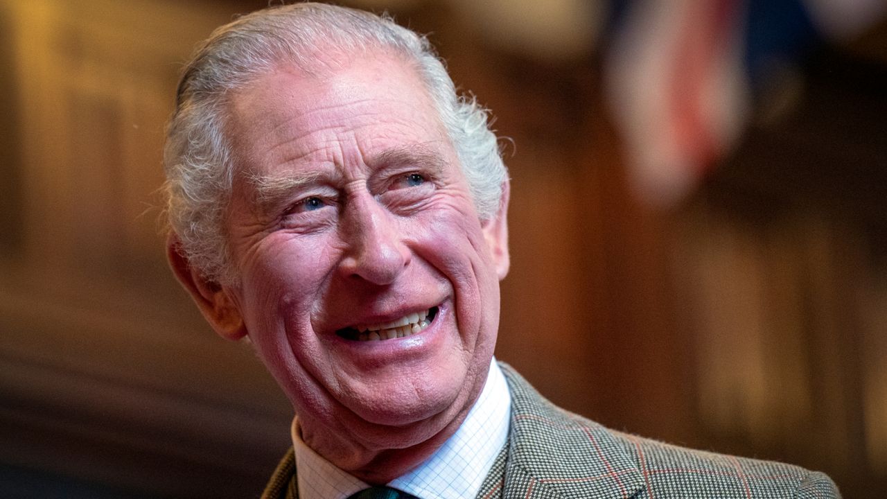 A headshot of King Charles smiling and looking to the left wearing a herringbone print suit and a green and purple tie