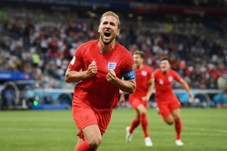 Harry Kane celebrates after scoring for England against Tunisia at the 2018 World Cup.