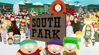 South Park characters Stan, Cartman and Butters assembled around a wooden South Park sign 