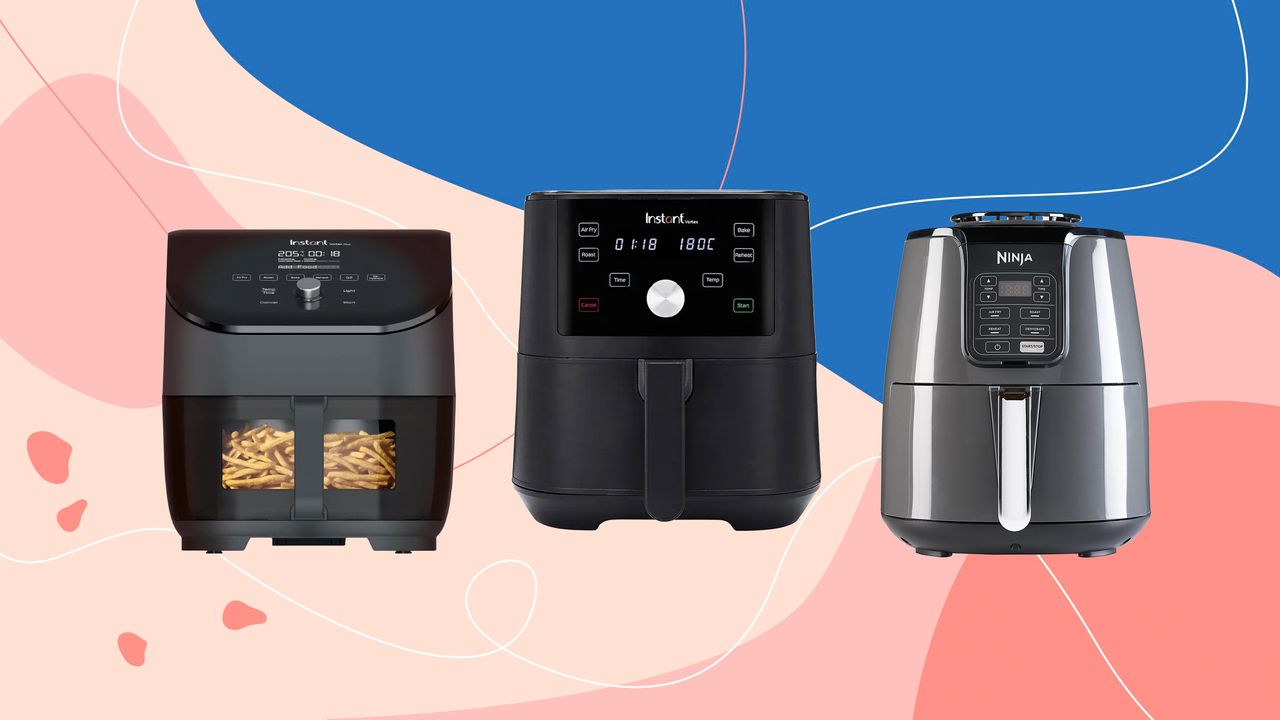 Three of the best air fryers under £100 on a Future supplied pink and blue Ideal Home style background