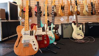 Some of the guitars from Fender's newly released American Vintage II series (Telecasters, Stratocaster and Jazzmaster) are displayed at Truetone Music Store in Santa Monica, California, on October 18, 2022