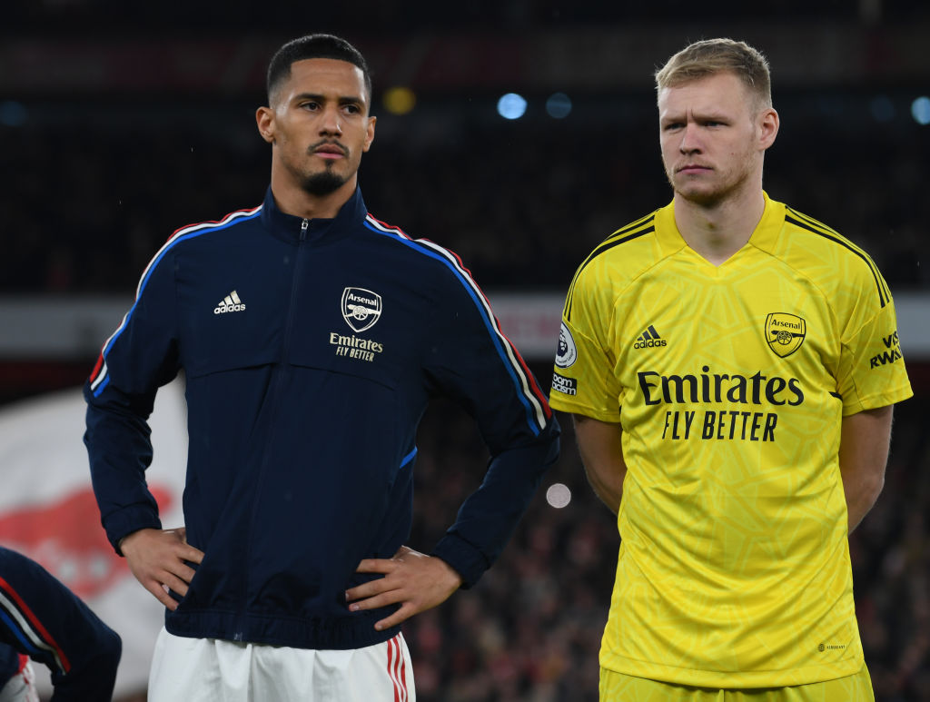 William Saliba and Aaron Ramsdale of Arsenal before the Premier League match between Arsenal FC and Manchester City at Emirates Stadium on February 15, 2023 in London, England.