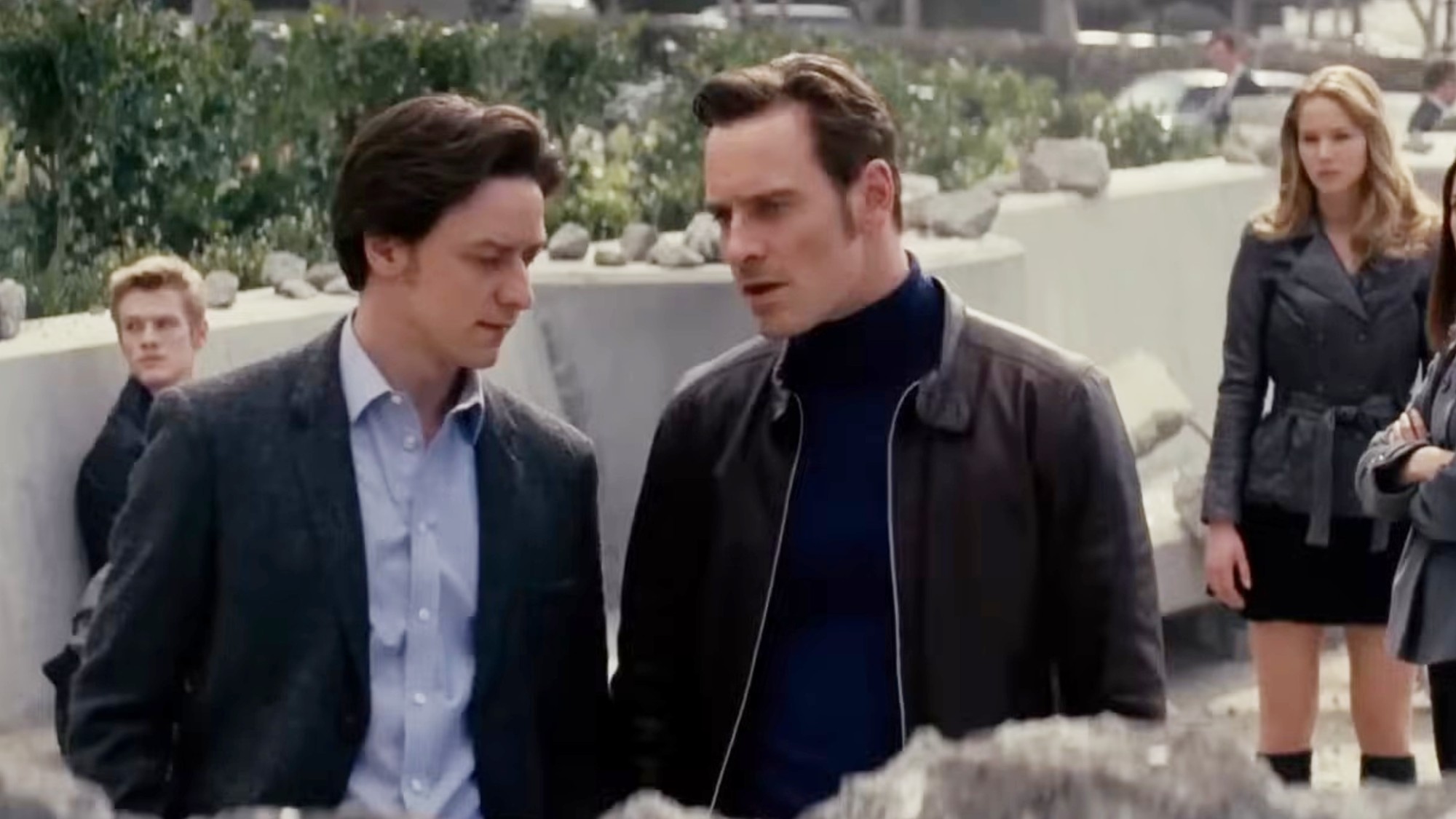 Michael Fassbender having a conversation with James McAvoy in X-Men: First Class