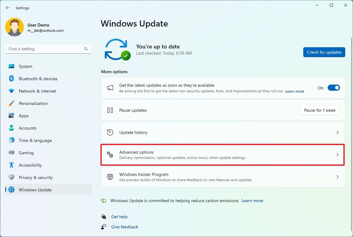 Opciones avanzadas de actualización de Windows