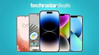 A selection of iPhones and Android flagships on a sky blue background with TechRadar deals 