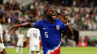 Yunus Musah #6 of the United States celebrates scoring ahead of the Mexico vs USA live stream