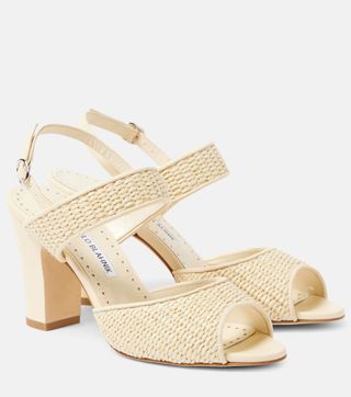 Manolo Blahnik, Khiko leather-trimmed raffia sandals