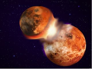 This image depicts the catastrophic collision of two planetary bodies similar in composition that led to the formation of the Earth and its moon 4.5 billion years ago. 