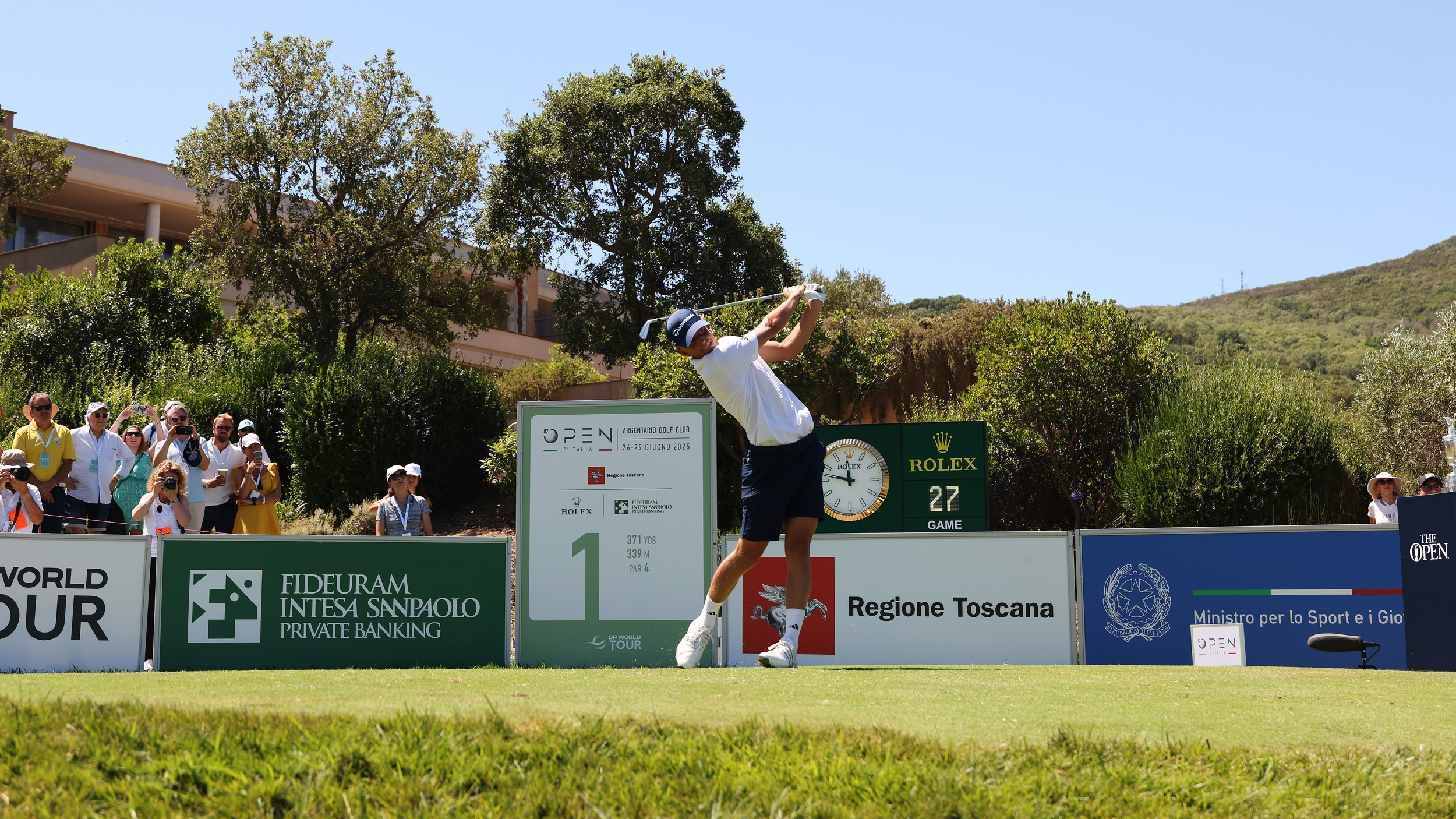 Martin Couvra tees off at the first hole at Argentario Golf Club in the 2025 Italian Open