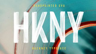 The words 'HANDPAINTED SVG HKNY HACKNEY TYPEFACE' on a blue and red painted background