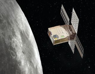An artist's depiction of the Lunar Flashlight cubesat at work around the moon.