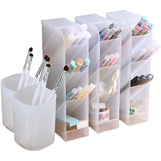 Marbrasse 5 Pcs Desk Organizer- Pen Organizer Storage for Office, School, Home Supplies, Translucent White Pen Storage Holder, Set of 3, 2 Cups 14 Compartments (White)