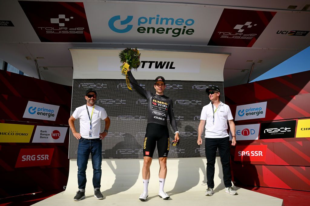 NOTTWIL SWITZERLAND JUNE 12 Wout Van Aert of Belgium and Team JumboVisma celebrates at podium as Black points jersey winner during the 86th Tour de Suisse 2023 Stage 2 a 1737km stage from Beromnster to Nottwil UCIWT on June 12 2023 in Nottwil Switzerland Photo by Dario BelingheriGetty Images