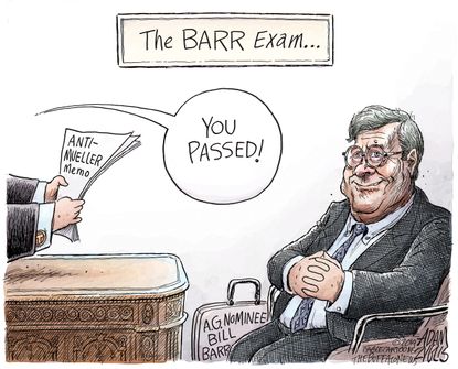 Political Cartoon U.S. Bill Barr exam Anti Mueller