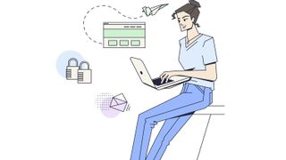 Cartoon of woman using laptop to design web pages