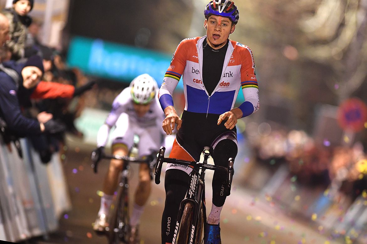 Mathieu van der Poel (Beobank-Corendon) celebrates victory in Diegem.