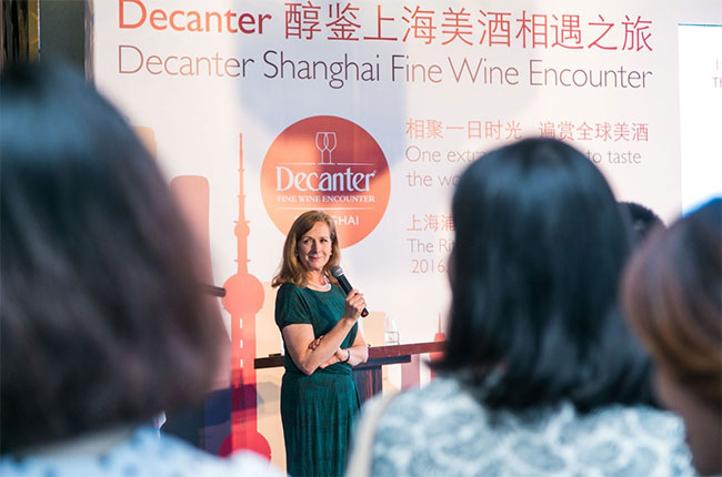 Decanter MD Sarah Kemp takes journalists' questions at the Shanghai Fine Wine Encounter 2016 press conference.