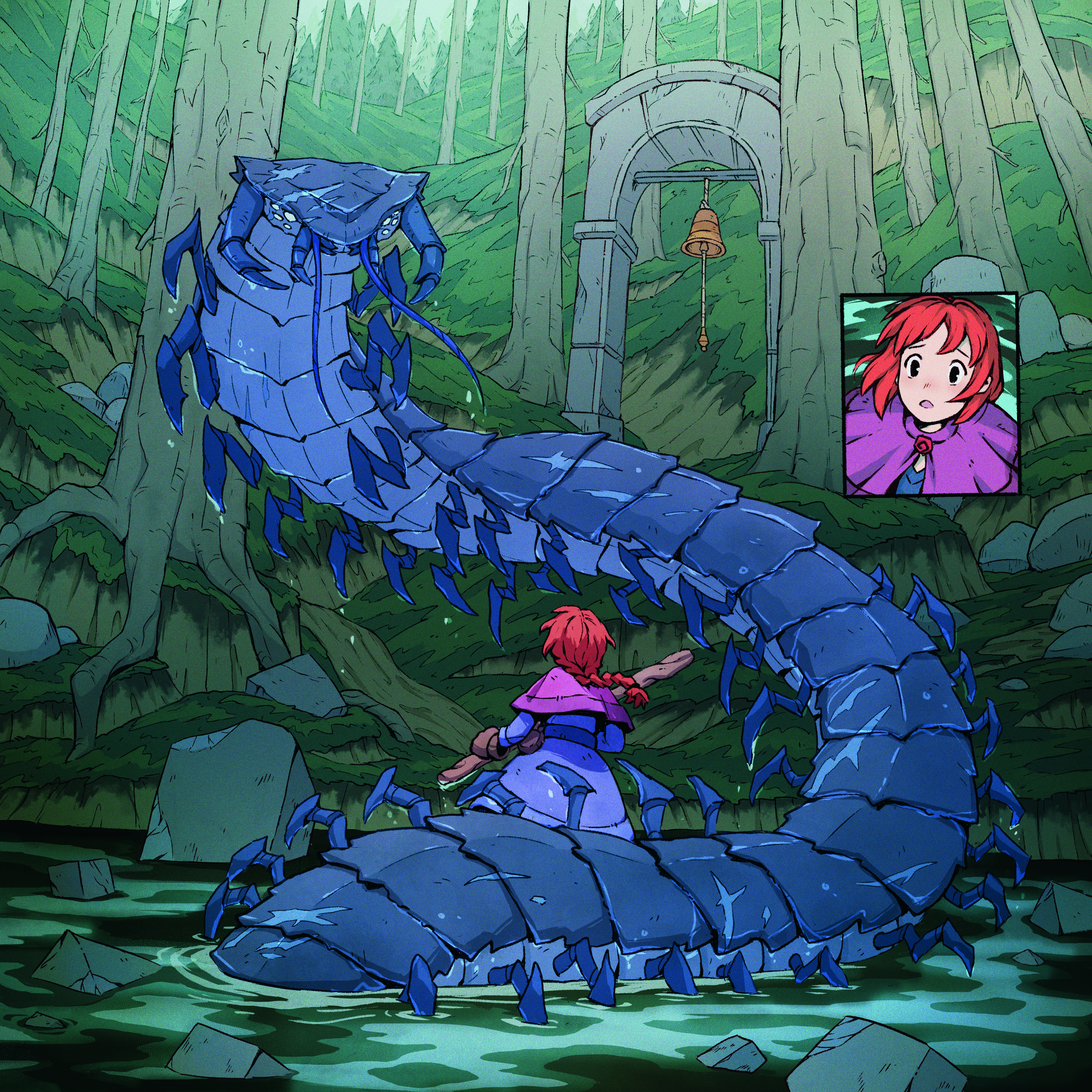 An illustration of a huge serpent and a young female character