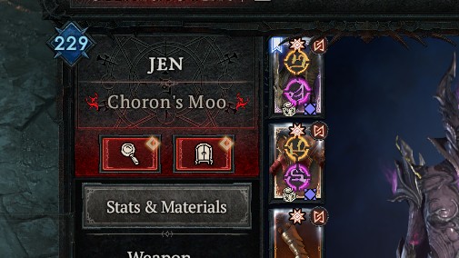 Video game interface showing character details for &amp;quot;Jen&amp;quot; with level 229. Features include &amp;quot;Choron's Moo,&amp;quot; two icons, and a &amp;quot;Stats &amp;amp; Materials&amp;quot; button.