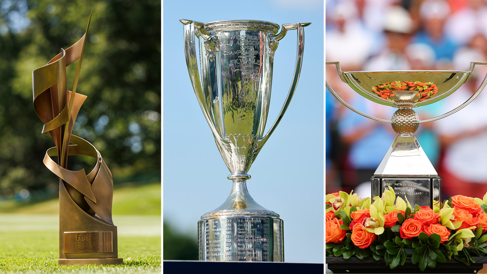 The three trophies up for grabs during the FedEx Cup Playoffs - FedEx St Jude Championship (left), BMW Championship (centre) and FedEx Cup (right)