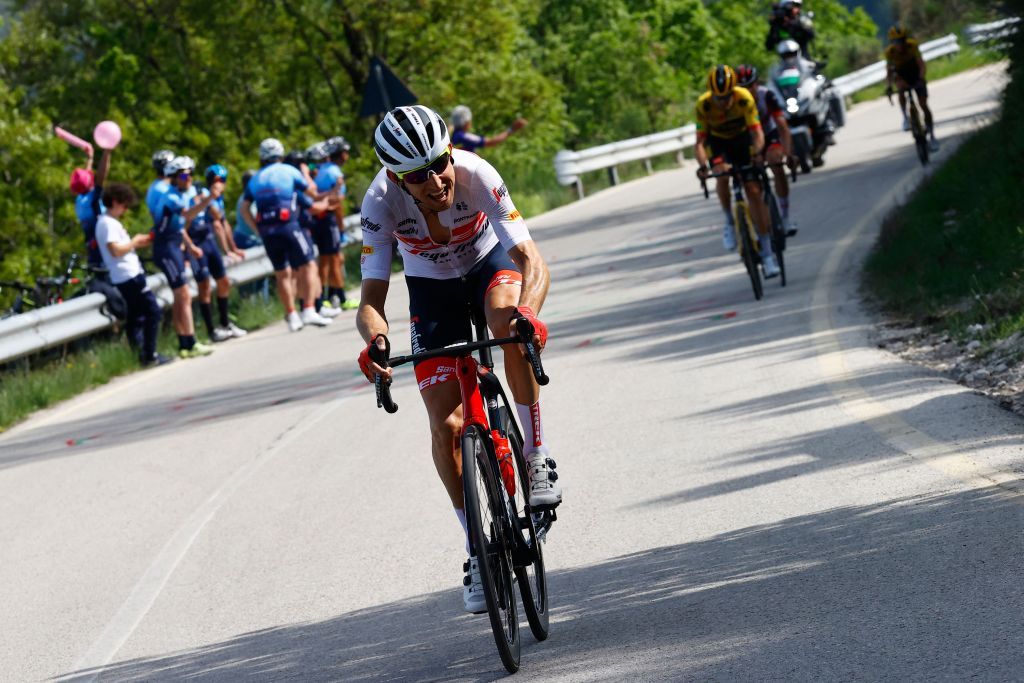 Team Treks Dutch rider Bauke Mollema places an attack during a 4men breakaway in the third ascent of the 7th stage of the Giro dItalia 2022 cycling race 196 kilometers between Diamante and Potenza southwestern Italy Photo by Luca Bettini AFP Photo by LUCA BETTINIAFP via Getty Images