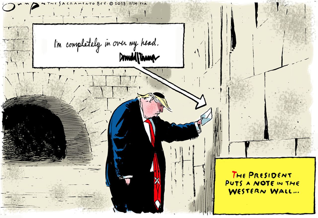 Political cartoon U.S. Trump abroad Israel Wailing Wall