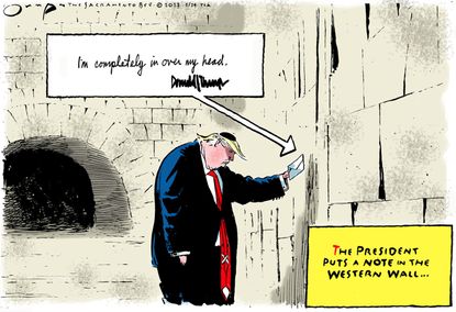 Political cartoon U.S. Trump abroad Israel Wailing Wall
