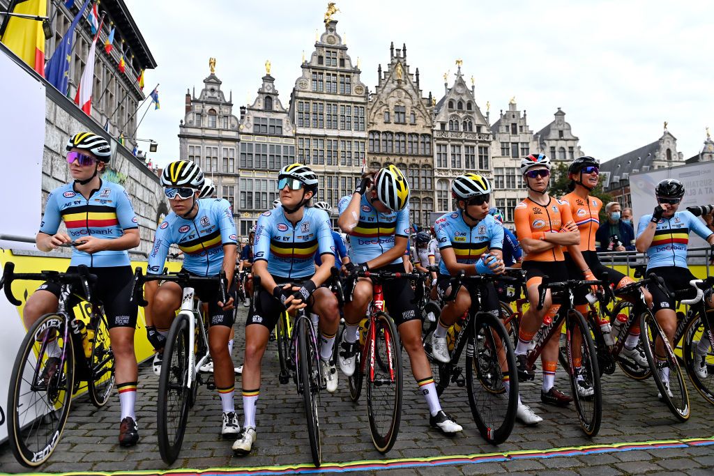 LEUVEN BELGIUM SEPTEMBER 25 LR Lotte Kopecky of Belgium Kim De Baat of Belgium Valerie Demey of Belgium Shari Bossuyt of Belgium Amy Pieters of Netherlands Chantal Van Den Broek Blaak of Netherlands and Jolien Dhoore of Belgium prior to the 94th UCI Road World Championships 2021 Women Elite Road Race a 1577km race from Antwerp to Leuven flanders2021 on September 25 2021 in Leuven Belgium Photo by Kristof Ramon PoolGetty Images