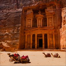 Al Khazneh - the Treasury, ancient city of Petra, Jordan with camels out front