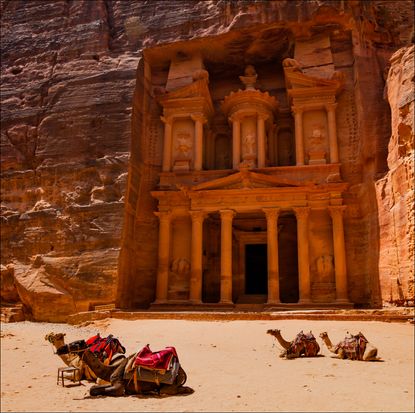 Al Khazneh - the Treasury, ancient city of Petra, Jordan with camels out front