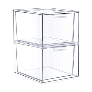 A double-stacked set of deep clear acrylic drawers with handles