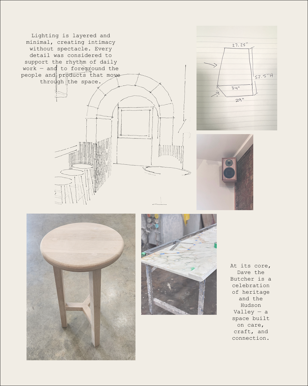 Preliminary notes and sketches for a butcher design, noted against pale yellow paper, with a gallery grid of images.