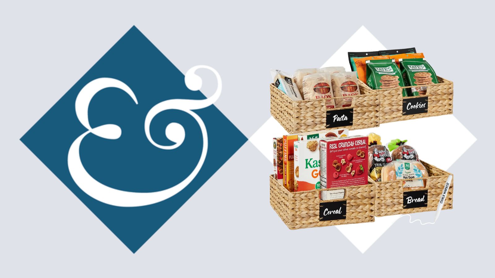 Hyacinth handwoven baskets with reusable labels on blue and white H&amp;G ampersand background template