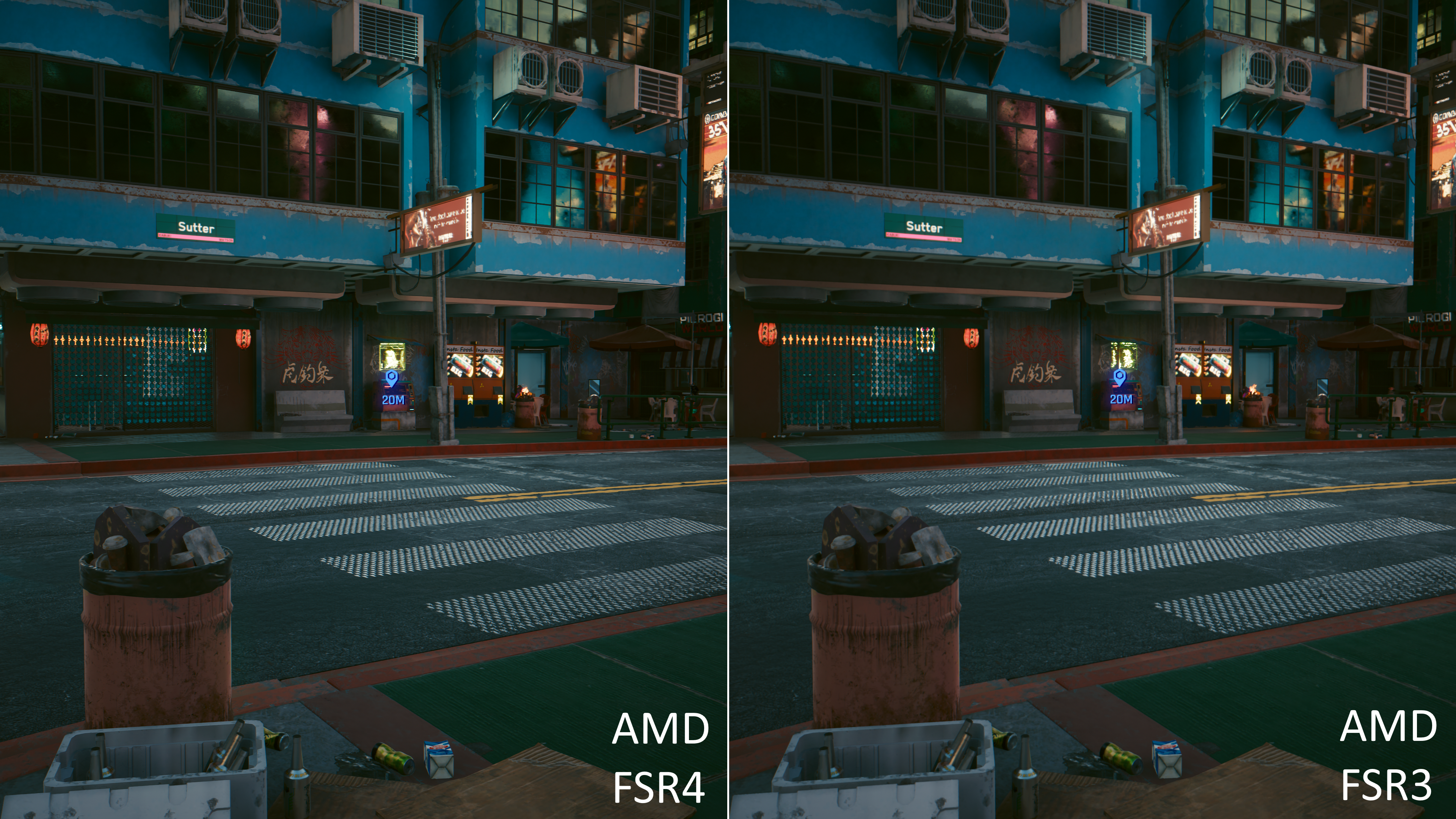 A side-by-side comparison of Cyberpunk 2077 rendered using AMD&#039;s FSR3 and FSR4 upscalers.
