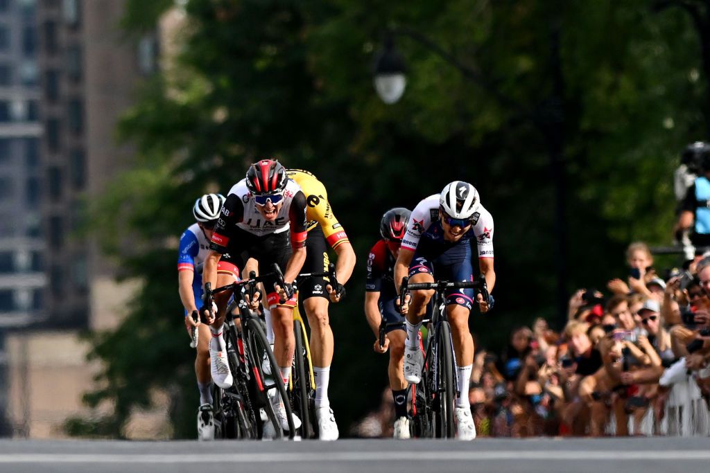MONTREAL QUEBEC SEPTEMBER 11 Tadej Pogacar of Slovenia and UAE Team Emirates Wout Van Aert of Belgium and Team Jumbo Visma Andrea Bagioli of Italy and Team QuickStep Alpha Vinyl Adam Yates of United Kingdom and Team INEOS Grenadiers and David Gaudu of France and Team Groupama FDJ sprint to win during the 11th Grand Prix Cycliste de Montreal 2022 a 221km one day race from Montreal to Montreal GPCQM WorldTour on September 11 2022 in Montreal Quebec Photo by Dario BelingheriGetty Images