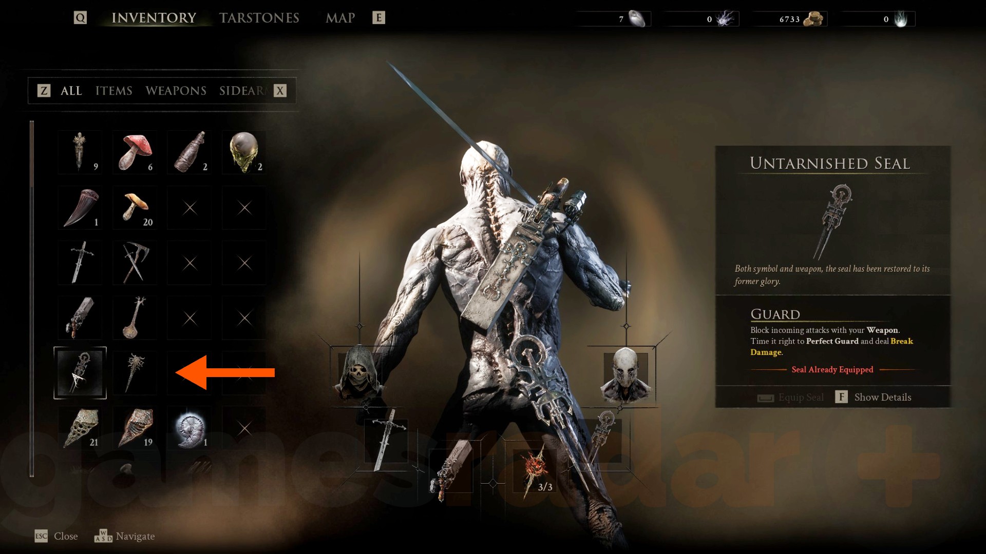 The in-game inventory showing two Mortal Shell 2 Seals, including the equipped Untarnished Seal.