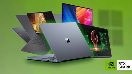 Surface Laptop Ultra, ASUS ProArt P16, MSI Prestige N16 Flip AI+, HP OmniBook Ultra 16, and Dell XPS Creator Edition curated with a green background and NVIDIA RTX Spark logo