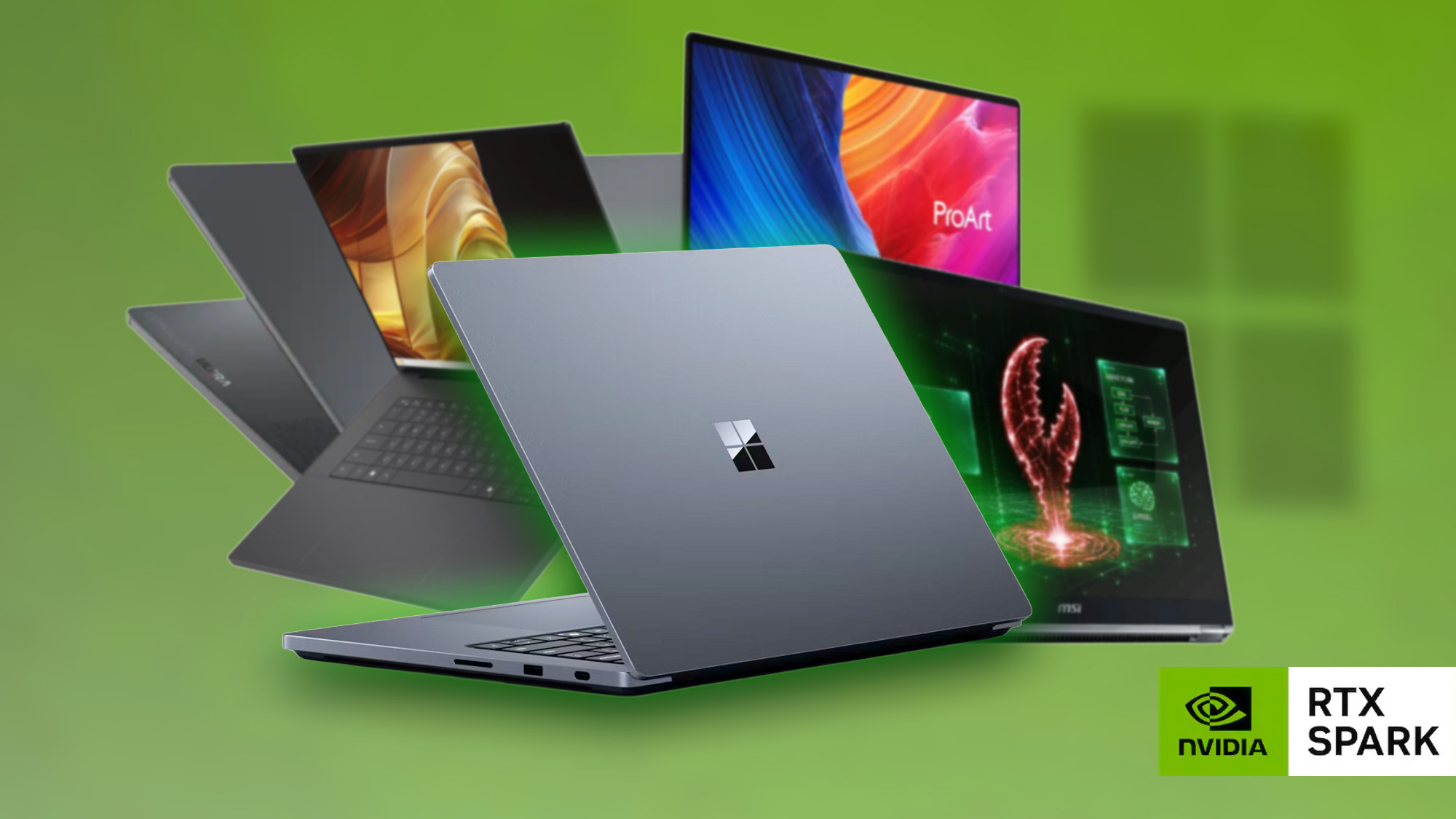 Surface Laptop Ultra, ASUS ProArt P16, MSI Prestige N16 Flip AI+, HP OmniBook Ultra 16, and Dell XPS Creator Edition curated with a green background and NVIDIA RTX Spark logo