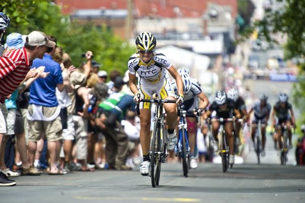 Eveyln Stevens (HTC Columbia) attacks the lead group going up Chilkoot Hill.