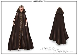 a sketch of Taylor Swift wearing an Alberta Ferretti floor length cape with floral detailing for the Eras Tour