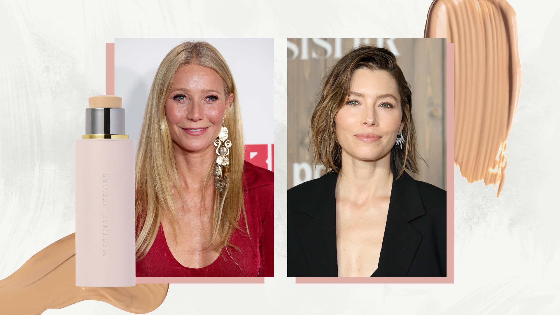 On the left, is a picture of Gwyneth Paltrow wearing a red dress at the Los Angeles Premiere Of Netflix&#039;s &quot;The Brothers Sun&quot; at Netflix Tudum Theater on January 04, 2024 in Los Angeles, California, alongside a picture of Jessica Biel, who has a bob and wears a black dress, whilst attending Prime Video&#039;s &quot;The Better Sister&quot; New York Premiere at Museum of Modern Art on May 20, 2025 in New York City, as well as a product shot of the Westman Atelier Vital Skin Foundation Stick/ all featured on a white marble-effect template with foundation swatches.