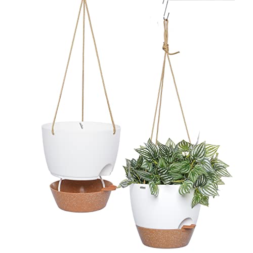 Swinduck 10 Inch Self Watering Hanging Pots, 2 Pack Hanging Planters With 40oz Deep Reservior for Indoor Outdoor Plants Flowers, White With Brown