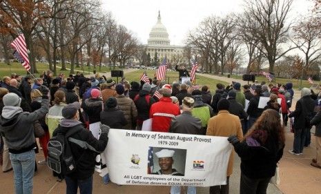 Activists rally on &amp;quot;don&amp;#039;t ask, don&amp;#039;t tell&amp;quot; as Democrats fall three votes short of the bringing the matter to a final vote.