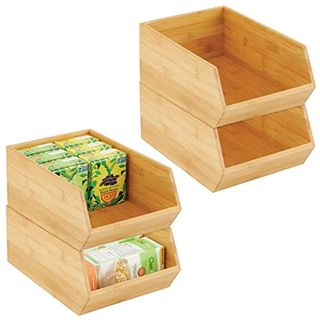 mDesign Bamboo Stackable Food Storage Organization Bin Basket - Wide Open Front for Kitchen Cabinets, Pantry, Offices, Closets, Holds Snacks, Dry Goods, Packets, Spices, Teas - 4 Pack - Natural Wood