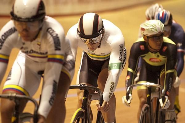 Scott Sunderland from Australia watches the wheel ahead during a round of the men's keirin.