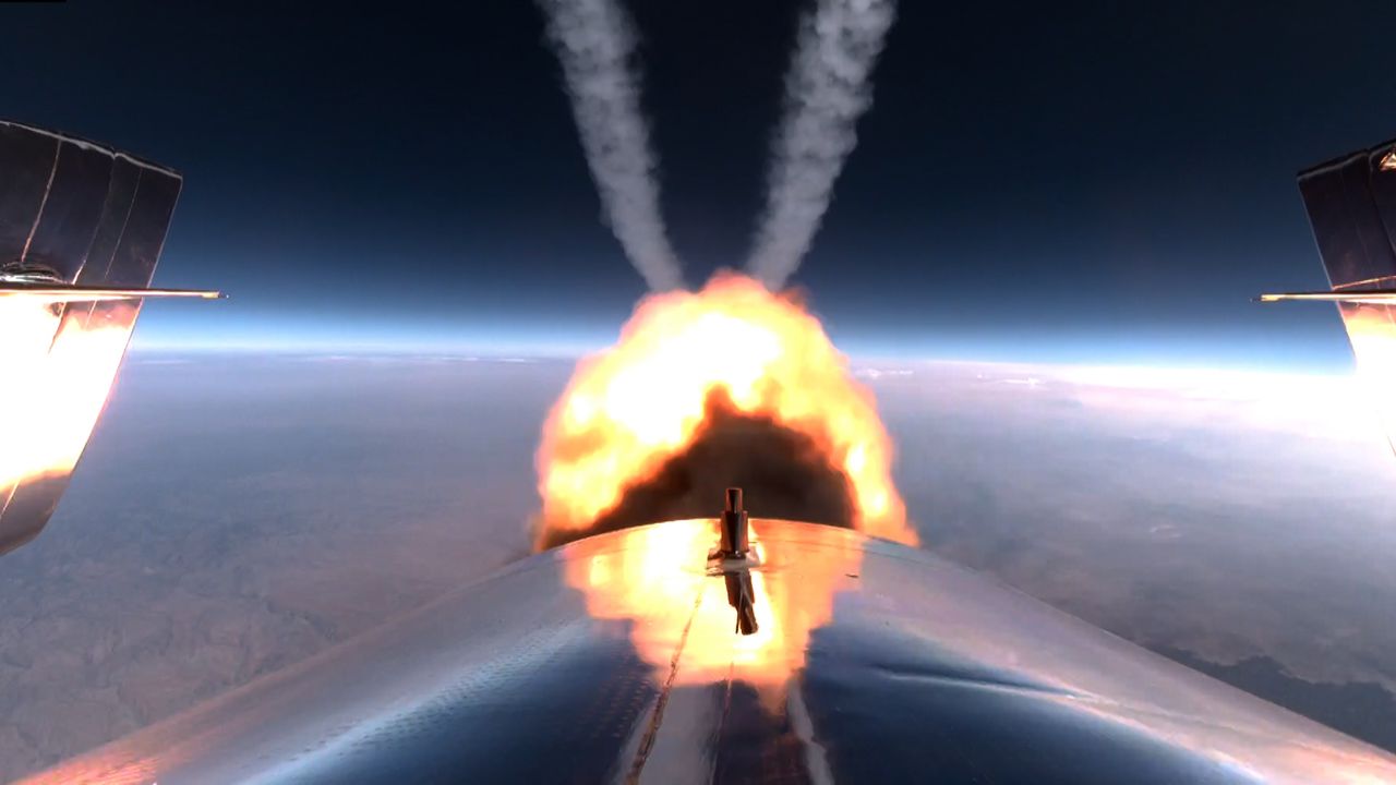 Virgin Galactic's SpaceShipTwo VSS Unity launches billionaire Richard Branson and a crew of five others to suborbital space and back in a flight from Spaceport America, New Mexico on July 11, 2021.